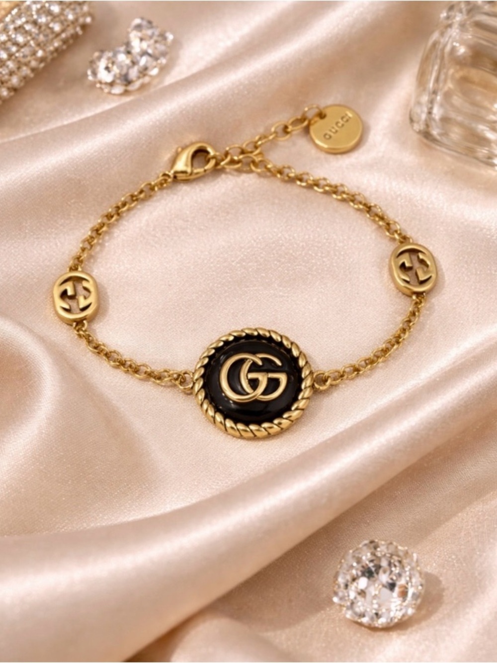 Gucci Gold and Black GG Rope-Edge Chain Bracelet